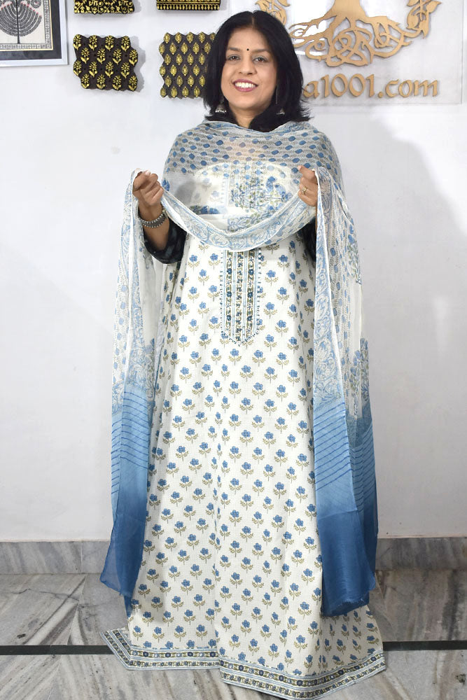 Beautiful  Cotton Unstitched Suit with  Neck patch, Intricate Hand Embroidery & Block print chiffon dupatta