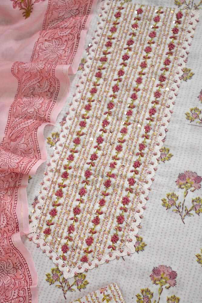 Beautiful  Cotton Unstitched Suit with Neck patch, Intricate Hand Embroidery & Block print Muslin dupatta