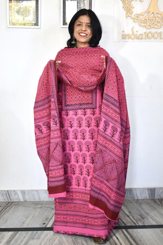 Bagh Hand Block Printed unstitched 3 pc Cotton suit fabric with Placement block print from MP