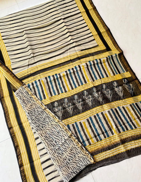 Beautiful Hand Block Printed Kota cotton Saree with zari border