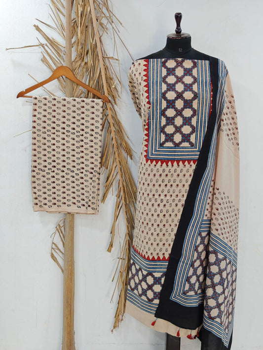 Designer Ajrakh Cotton Unstitched suit with  panel design, Ajrakh Dupatta & Bottom- 3 piece set