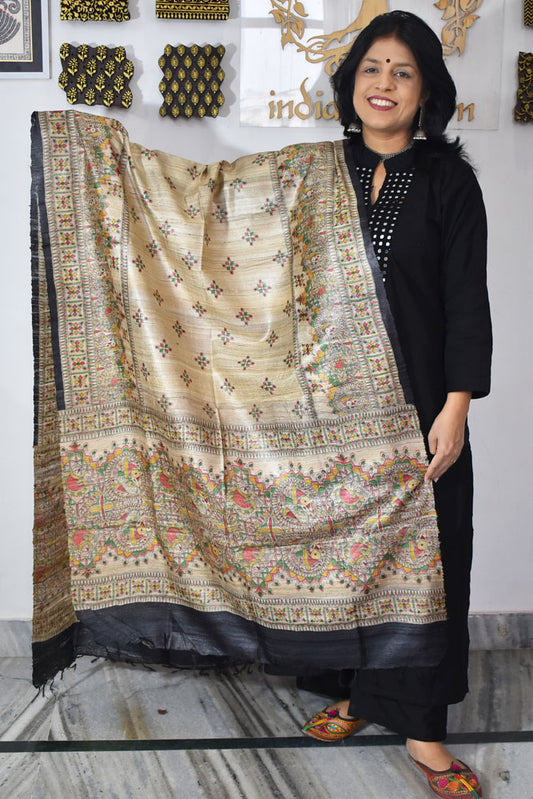Geecha Silk Dupatta with printed Madhubani patterns