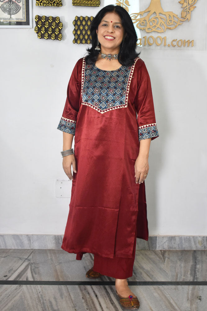 Beautiful Mashru Silk Kurta with Ajrakh patch & Kutch mirror work size - 38-44