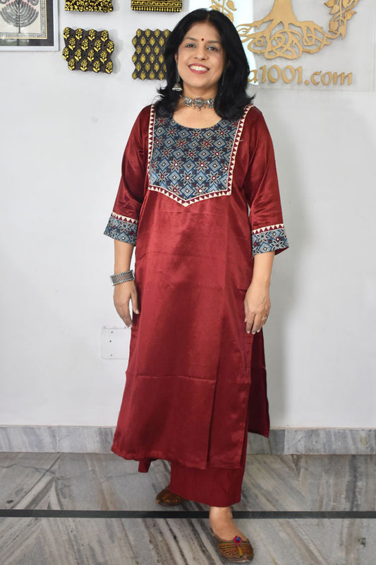 Beautiful Mashru Silk Kurta with Ajrakh patch & Kutch mirror work size - 38-44