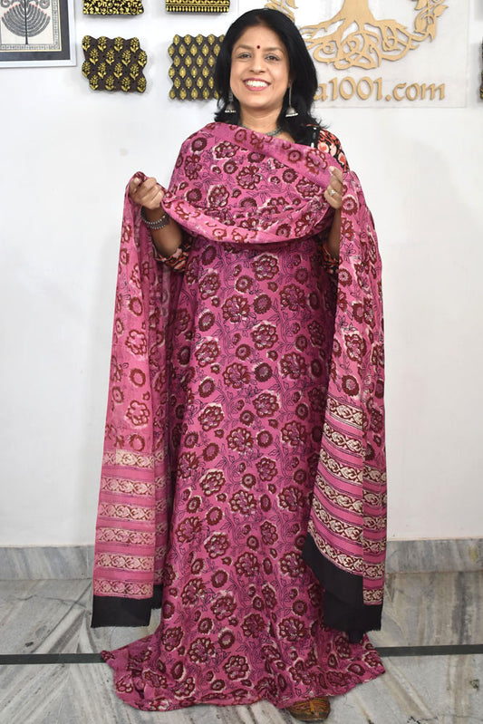 Hand Block Printed Muslin unstitched suit fabric with cotton bottom