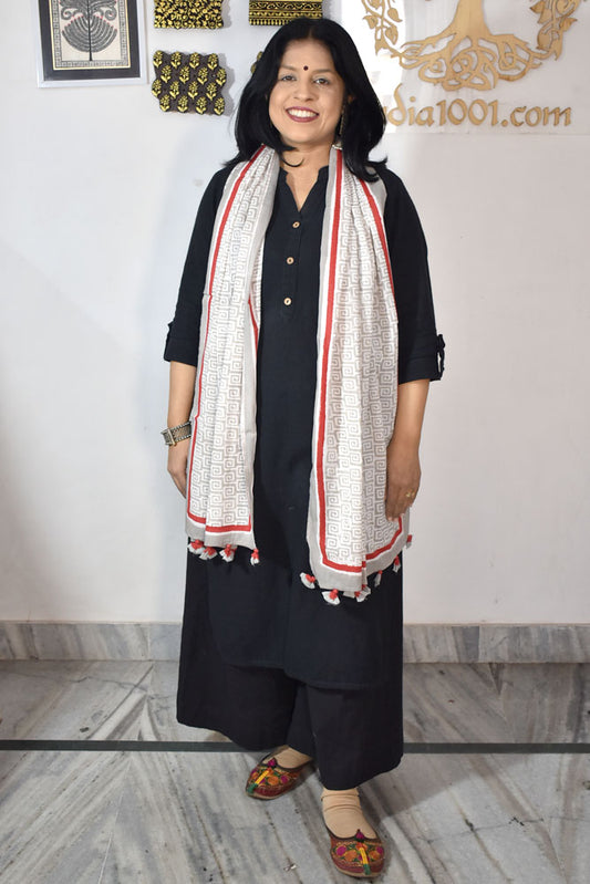 Elegant Hand block printed Cotton stole with cloth tassels