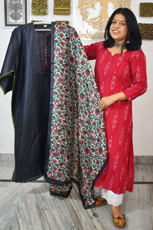 Semi Stitched Block Printed Tussar Silk Dupatta  & Tussar Kurta Fabric