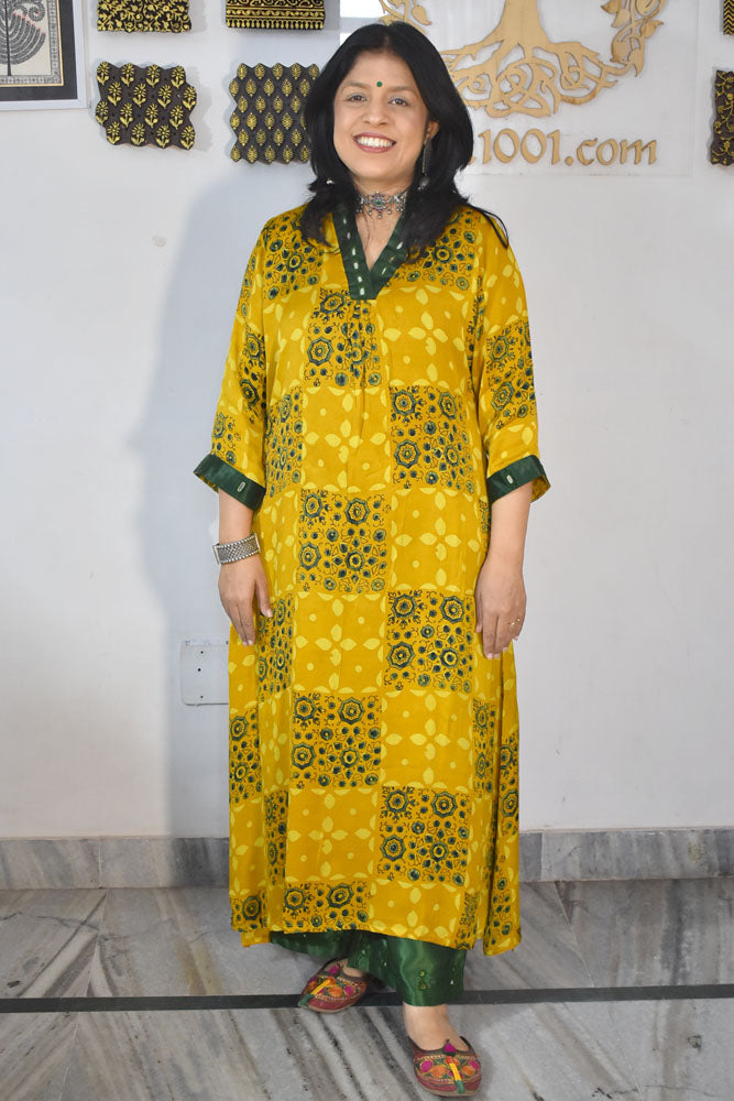 Beautiful Ajrakh Modal Silk Kurta with Kutch Mirror Work size - 38 - 44