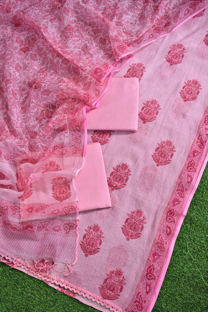 Elegant Hand Block Printed Kota cotton Unstitched suit with Cotton Lining & bottom - 4 pc set