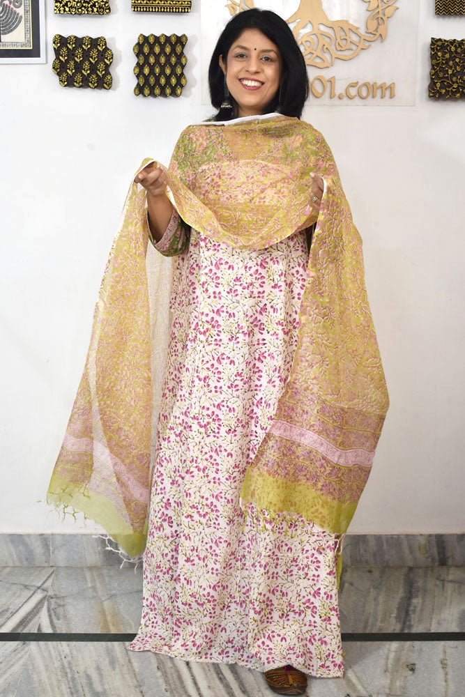 Beautiful Hand Block Printed Cotton unstitched suit fabric with Kota Doria Dupatta