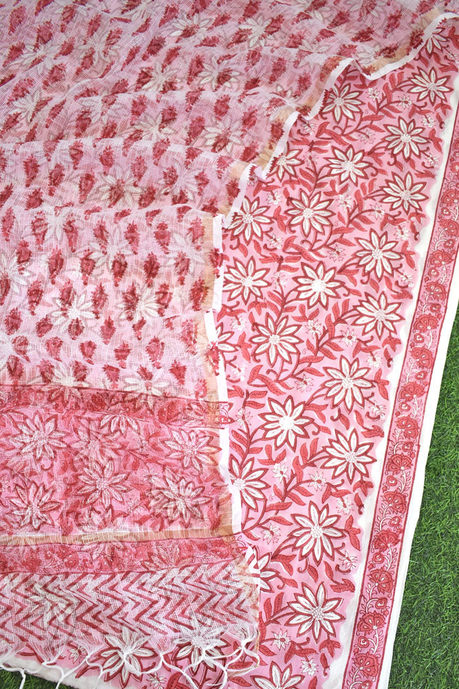 Beautiful Hand Block Printed Cotton unstitched suit fabric with Kota Doria Dupatta
