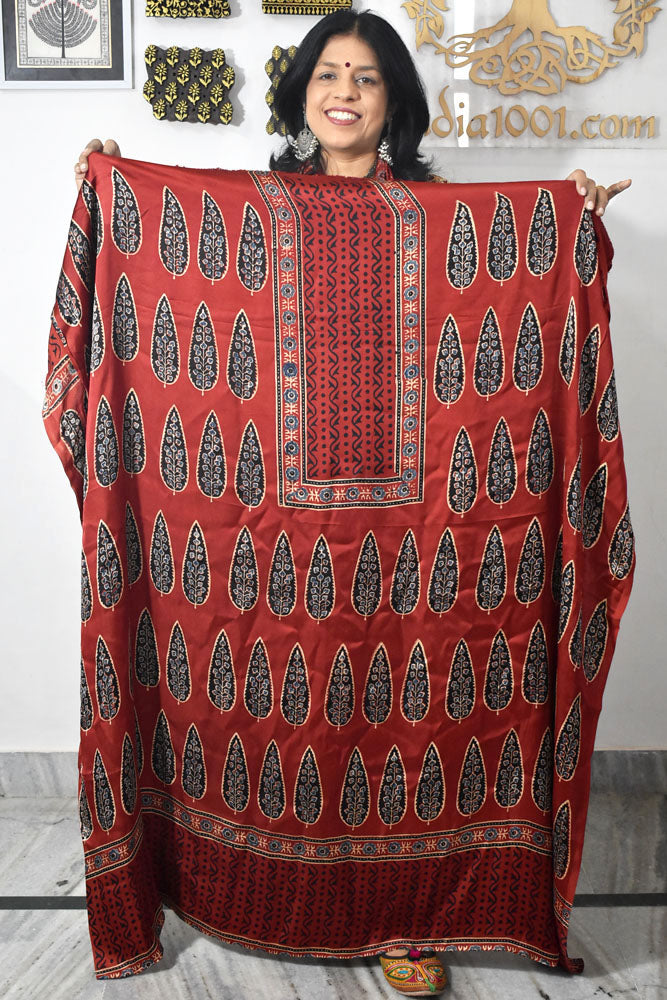 Designer Modal Silk Ajrakh Hand Block Print  Kurta Fabric - 2.5 mtrs cut