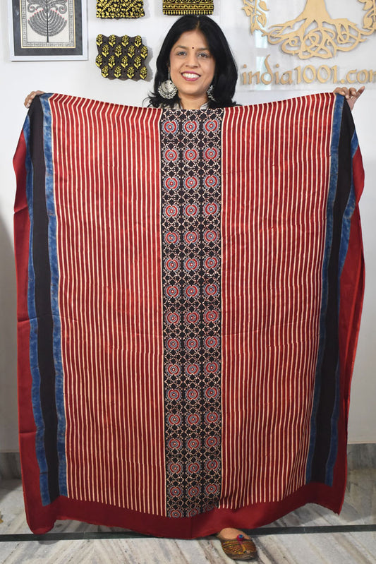 Designer Modal Silk Ajrakh Hand Block Print  Kurta Fabric - 2.5 mtrs cut