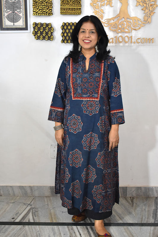 Designer Hand Block Printed Ajrakh cotton Kurta / Dress - Size 38 to 48 ( all sizes)