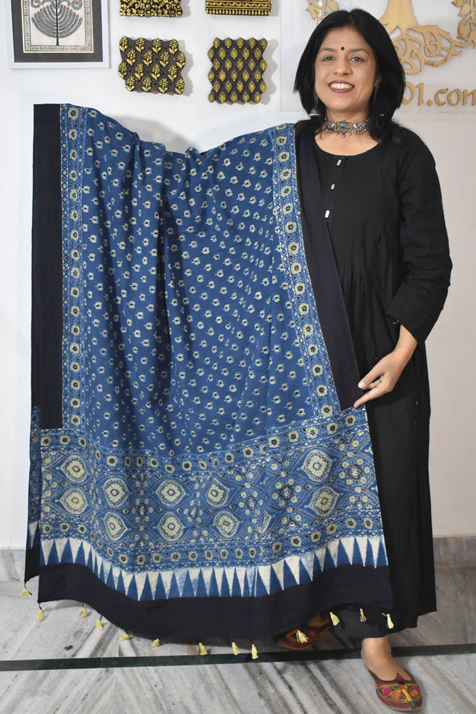 Ajrakh Hand Block Printed Cotton Dupatta with Tassels & natural dyes