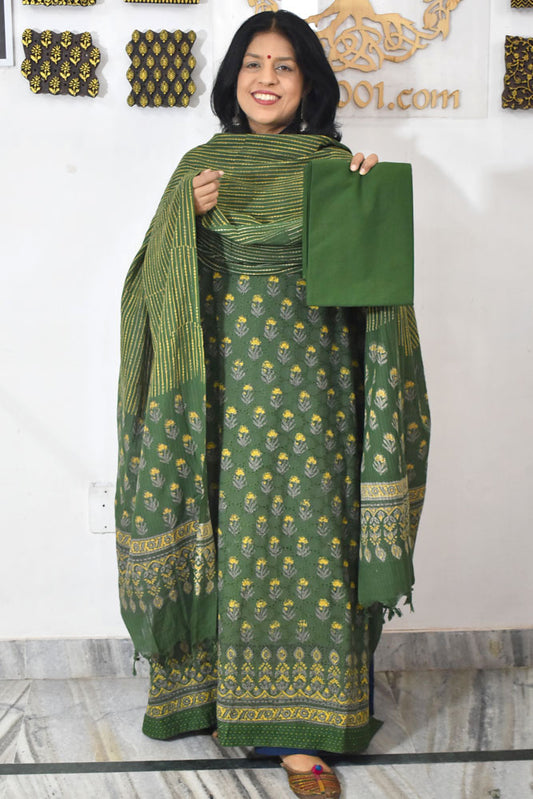 Elegant Hand Block print cotton suit with Schiffli work & Cotton dupatta