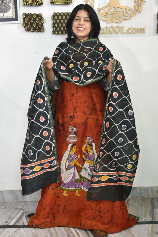 Elegant Handwoven Maheshwari silkcotton kurta fabric & dupatta set with  Wax Batik work