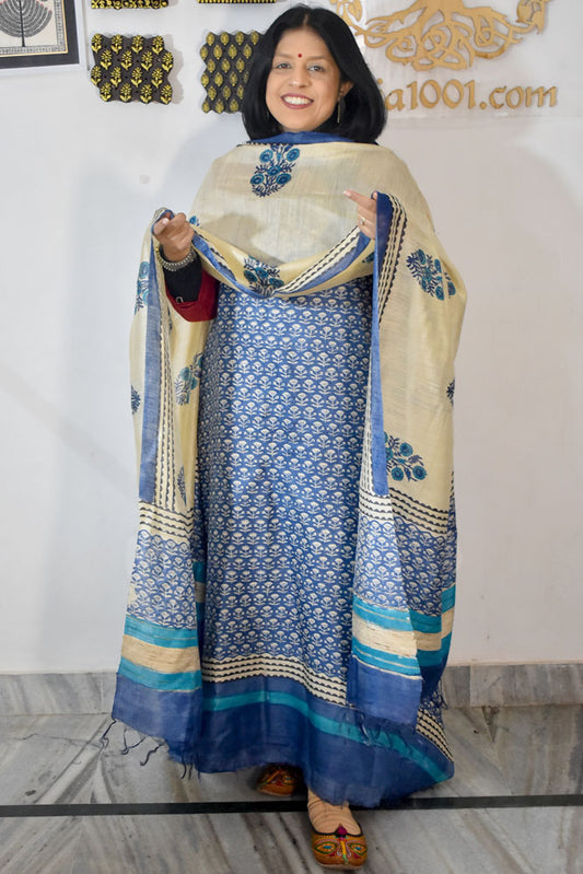 Beautiful Hand Block printed Tussar Pashmina Kurta Dupatta Set