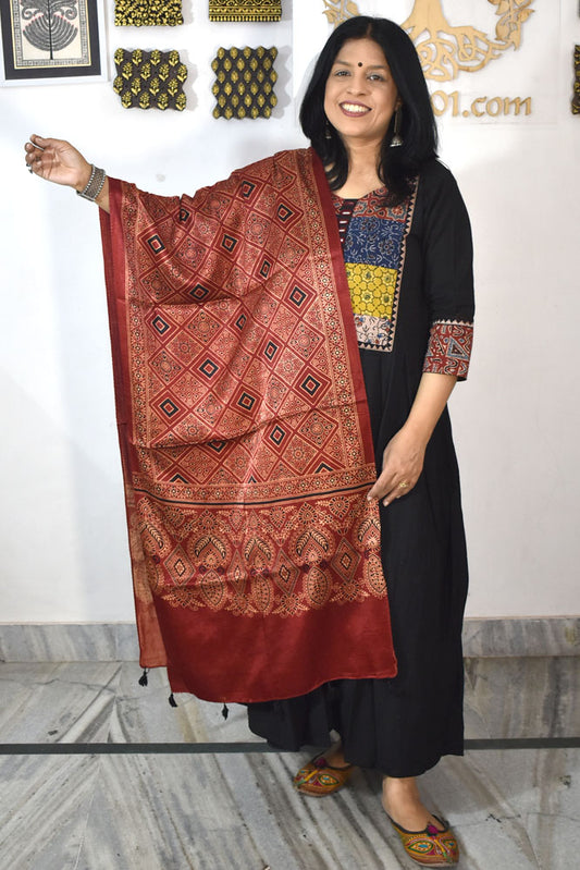 Beautiful Hand Block Printed Ajrakh Mashru Silk stole