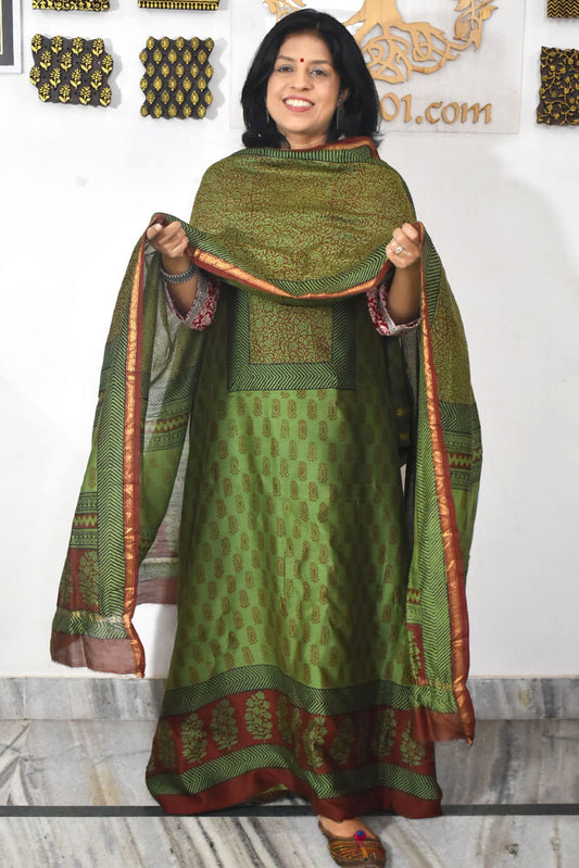 Bagh Hand Block Printed unstitched 3 pcs Handwoven Chanderi suit fabric with Zari borders