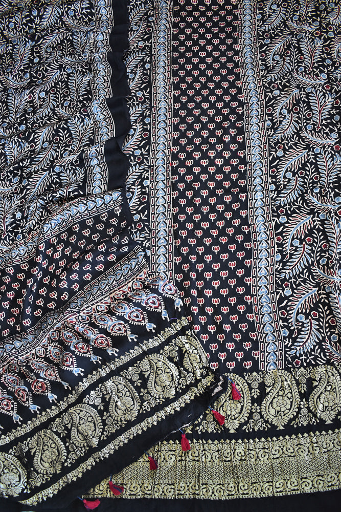 Designer Ajrakh Modal Silk kurta &  dupatta  set with Nakkshi palla