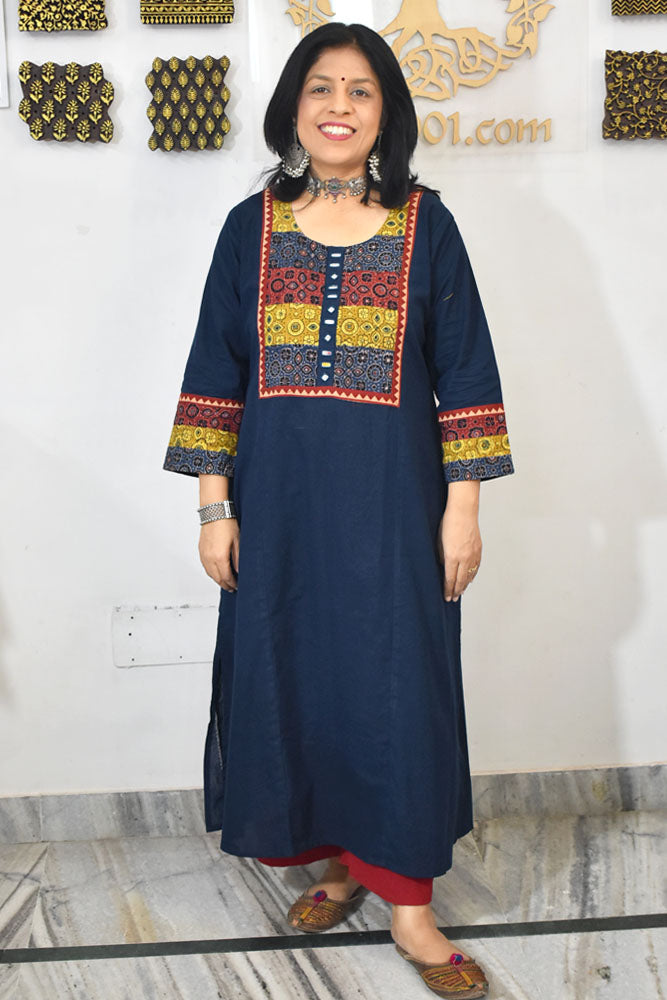 Designer Cotton Kurta with Ajrakh Patch & mirror work  - Size 38 to 46 ( all sizes)
