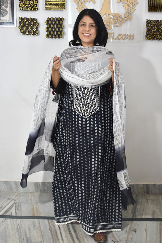 Premium Cotton Unstitched Suit with Neck patch, Intricate Hand Embroidery & Block print dupatta