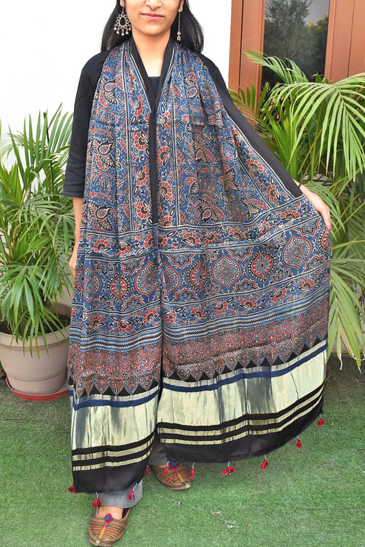 Beautiful Ajrakh Modal Silk Hand block Printed Stole with lagdi patta