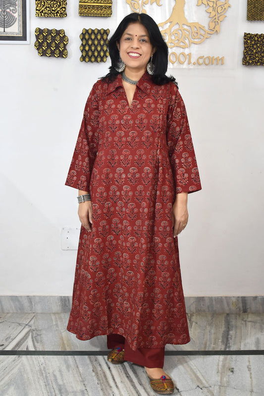 Designer Hand Block Printed Ajrakh cotton Kurta / Dress - Size 38 to 46 ( all sizes)