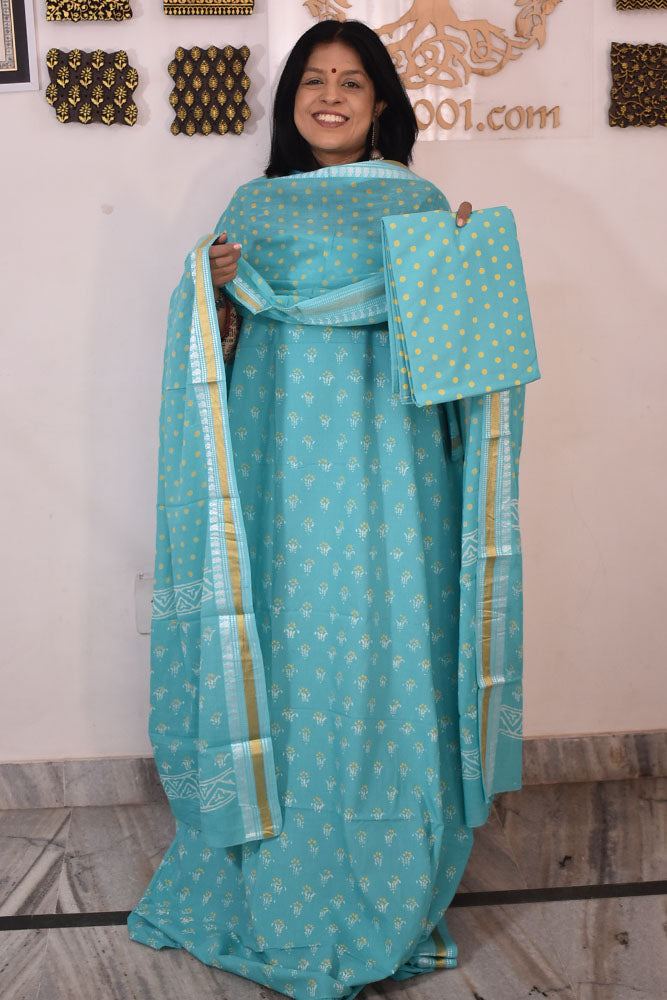 Beautiful Hand Block Printed Cotton unstitched suit fabric with Woven Borders Cotton dupatta