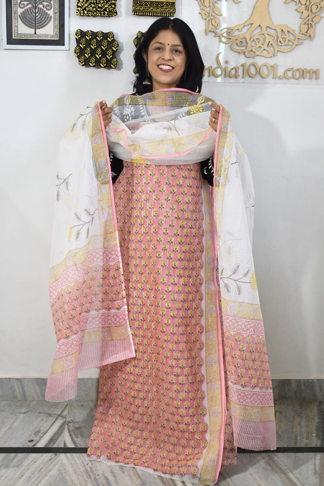 Elegant Hand Block Printed Kota cotton Unstitched suit with Soft Cotton Lining & bottom - 4 pc set
