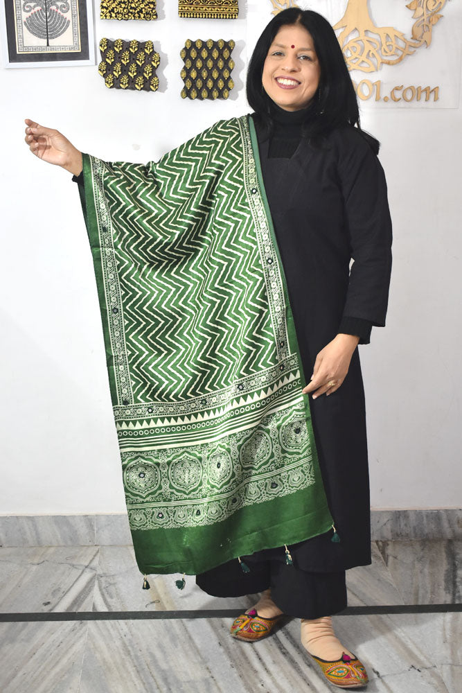 Beautiful Hand Block Printed Ajrakh Mashru Silk stole with Mirror Work