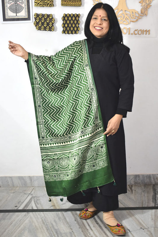 Beautiful Hand Block Printed Ajrakh Mashru Silk stole with Mirror Work