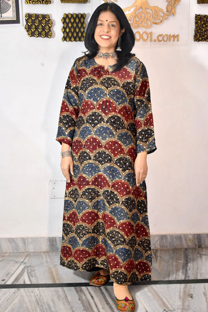 Beautiful Ajrakh Dola Silk Hand Block Print kurta , Size 40 to 46