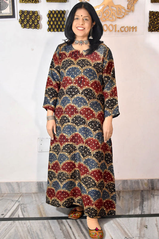 Beautiful Ajrakh Dola Silk Hand Block Print kurta , Size 40 to 46