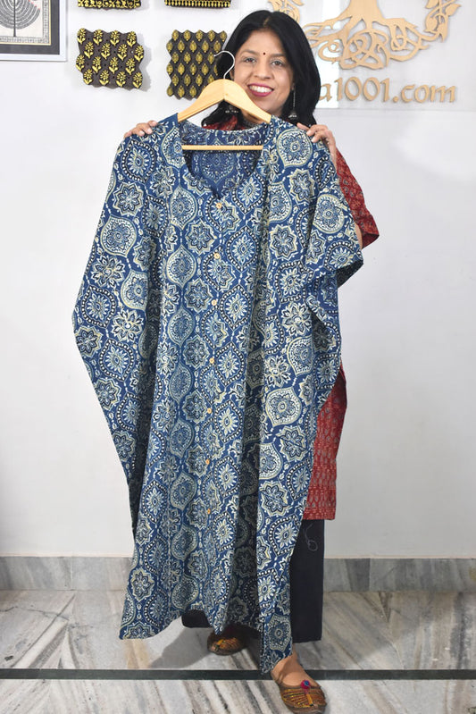 Beautiful Hand Block Printed Ajrakh Kaftan, Can fit till size 44