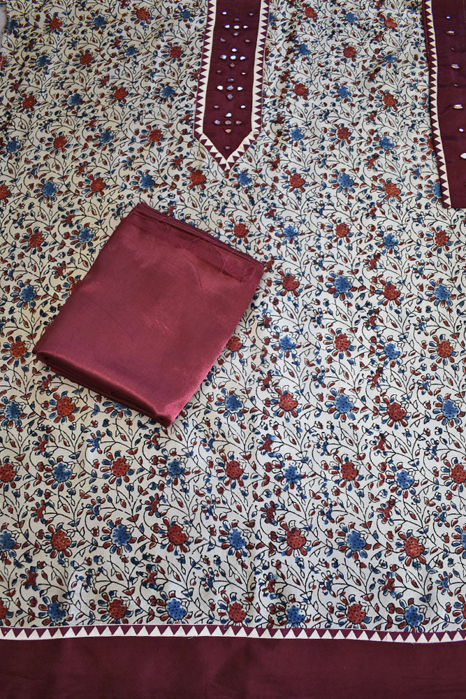 Designer Ajrakh Mashru Kurta Fabric with Kutch Mirror Work patch & Plain Mashru pant fabric