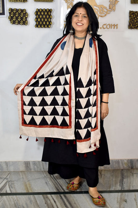 Beautiful Hand Block Printed Ajrakh Modal Silk stole with Tassels