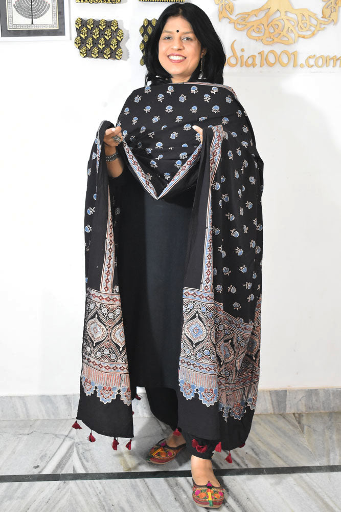 Ajrakh Hand Block Printed Cotton Dupatta with Tassels & natural dyes