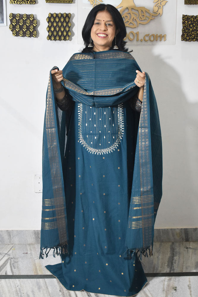 Elegant Hand Block print cotton suit with Neck Patch work & Cotton dupatta