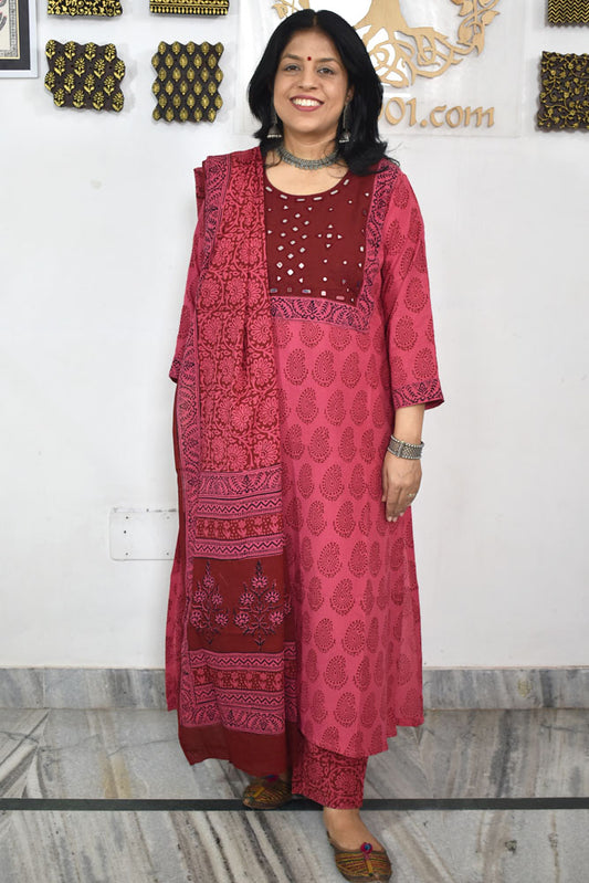 Bagh Hand Block Printed stitched 3 pc Cotton suit with Kutch Mirror Work Size - 40