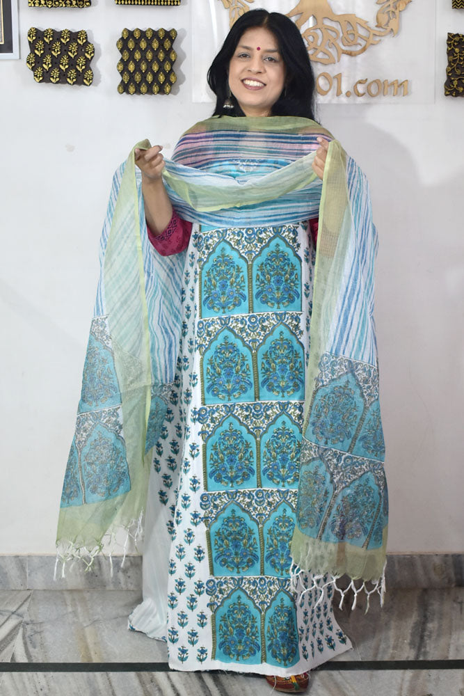 Designer Hand Block Print Cotton suit with Kota dupatta