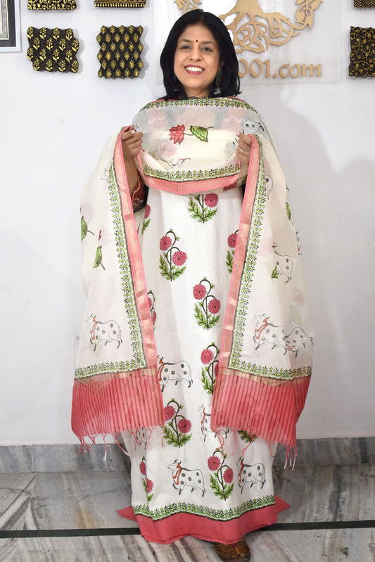 Designer Hand Block Placement Print Cotton suit with Chanderi dupatta and panel design