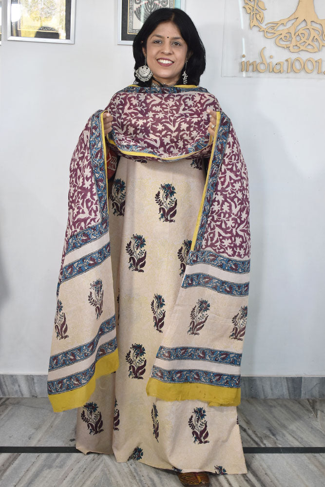 Earthy Hand Block Printed Cotton unstitched suit fabric with Soft Cotton dupatta
