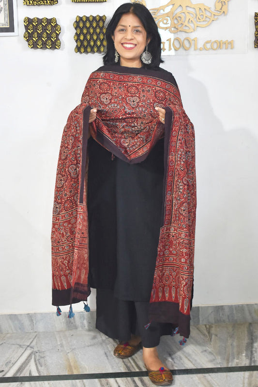 Ajrakh Hand Block Printed Khadi Cotton Dupatta with Tassels & natural dyes