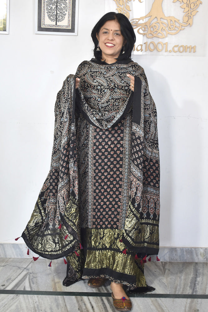 Designer Ajrakh Modal Silk kurta &  dupatta  set with Nakkshi palla