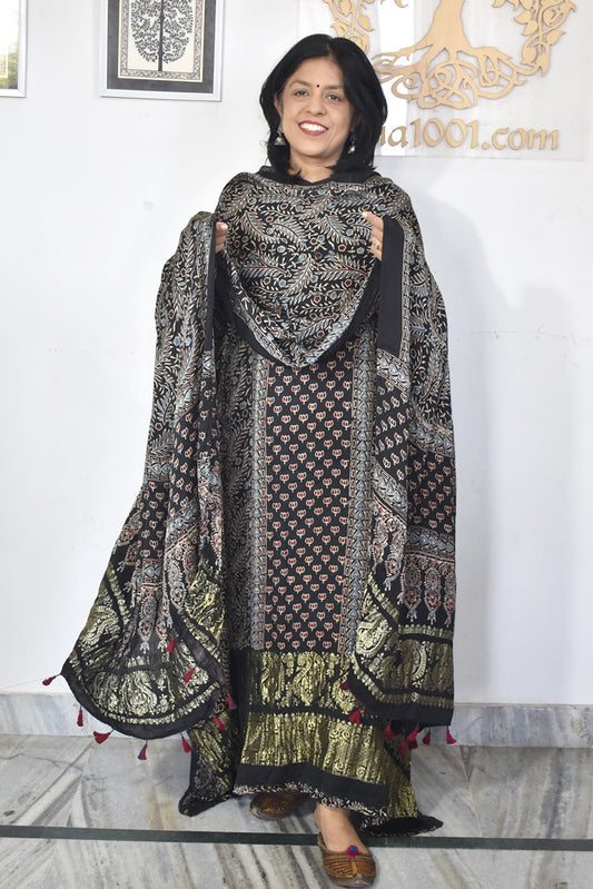 Designer Ajrakh Modal Silk kurta &  dupatta  set with Nakkshi palla