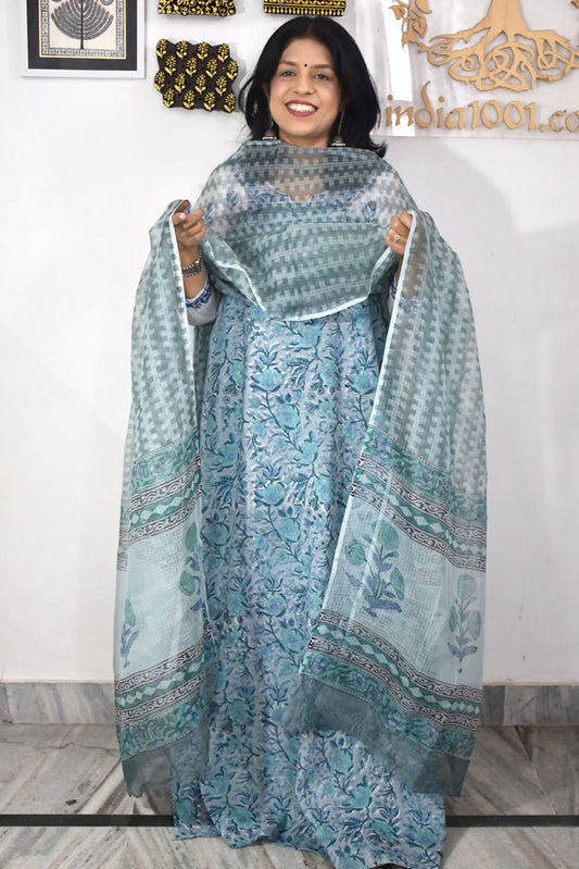 Designer Hand Block Placement Print Cotton suit with Kota dupatta and panel design