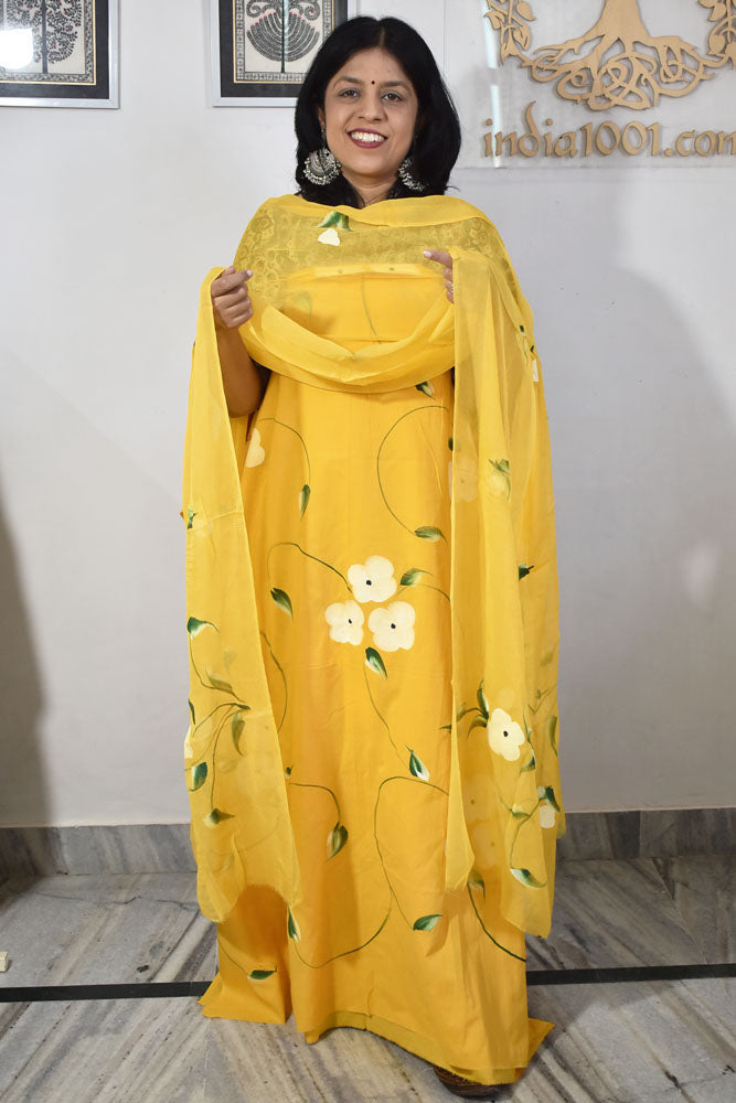 Hand Painted Cotton unstitched suit fabric with Chiffon dupatta