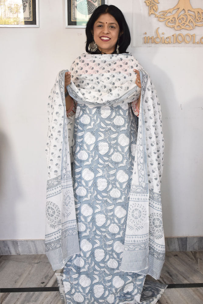 Hand Block Printed Cotton unstitched suit fabric with Soft Cotton dupatta